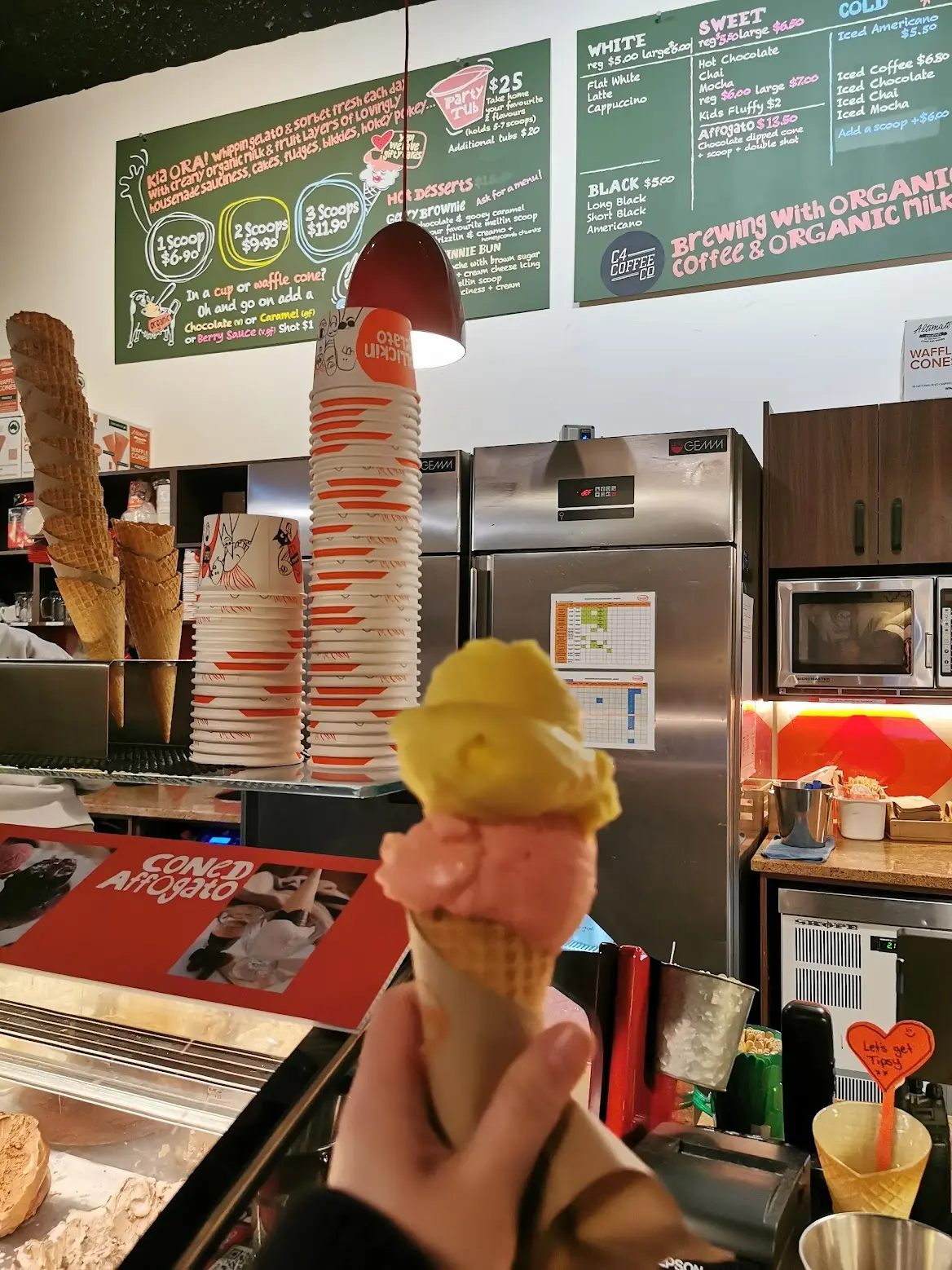 A two-scoop gelato cone inside Rollickin